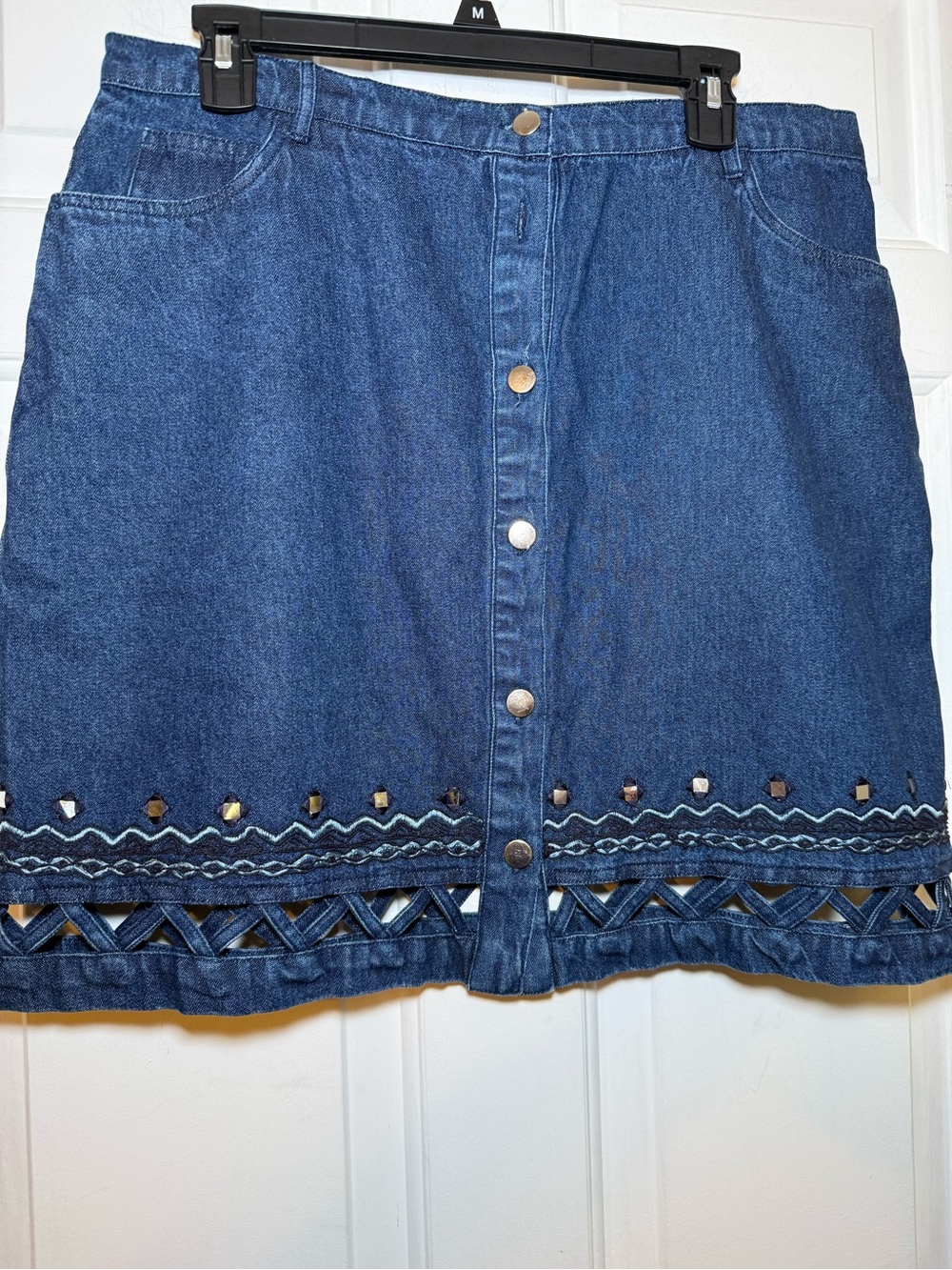 Together Button Down Denim Skirt Sz 16 Cutouts Beads Embroidery Preppy Unique
